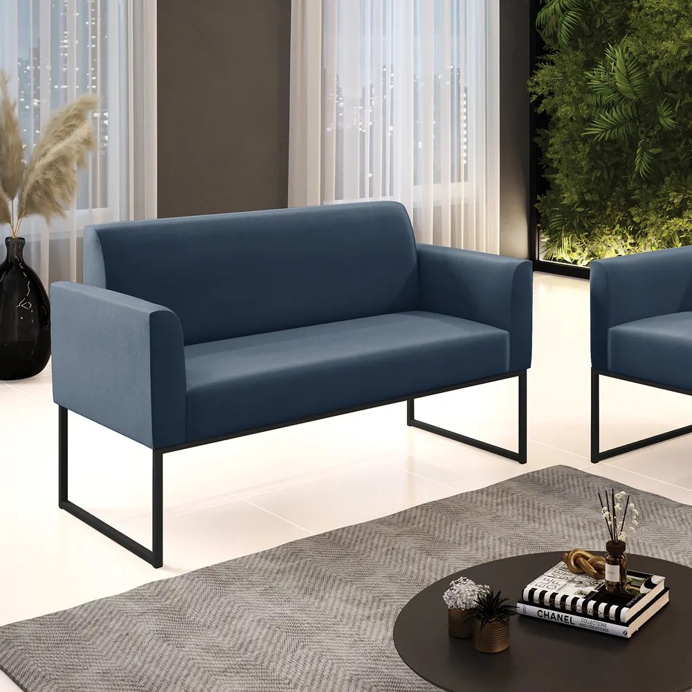 Sofá Namoradeira Base Industrial Preto Marisa Suede D03 - D'Rossi - Azul Marinho