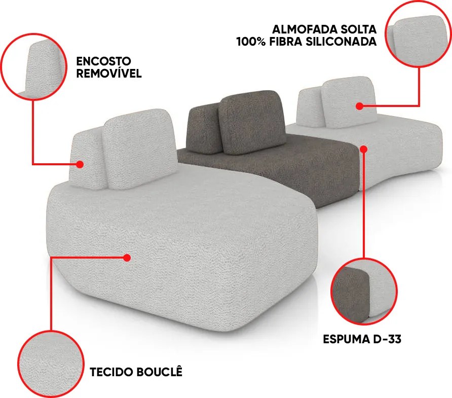 Sofá 3 Lugares Orgânico com Chaise e 2 Módulos Berlim Bouclê Cinza Claro/Grafite K01 - D'Rossi