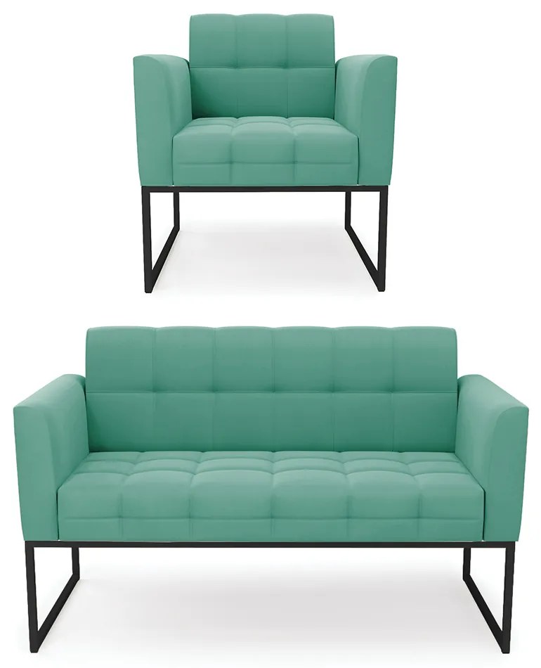 Kit 1 Sofá Namoradeira e 1 Poltrona Elisa Suede Base Metálica Industrial Preto D03 - D'Rossi - Azul Turquesa