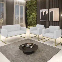 Sofá Namoradeira e 2 Poltronas Base Industrial Dourado Ana Linho Cinza