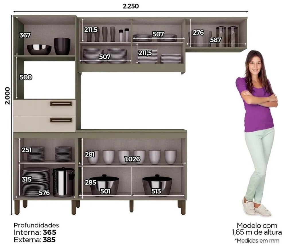 Cozinha Compacta C/ Gabinete Tampo Balcão Armário Aéreo - Nature Off/White