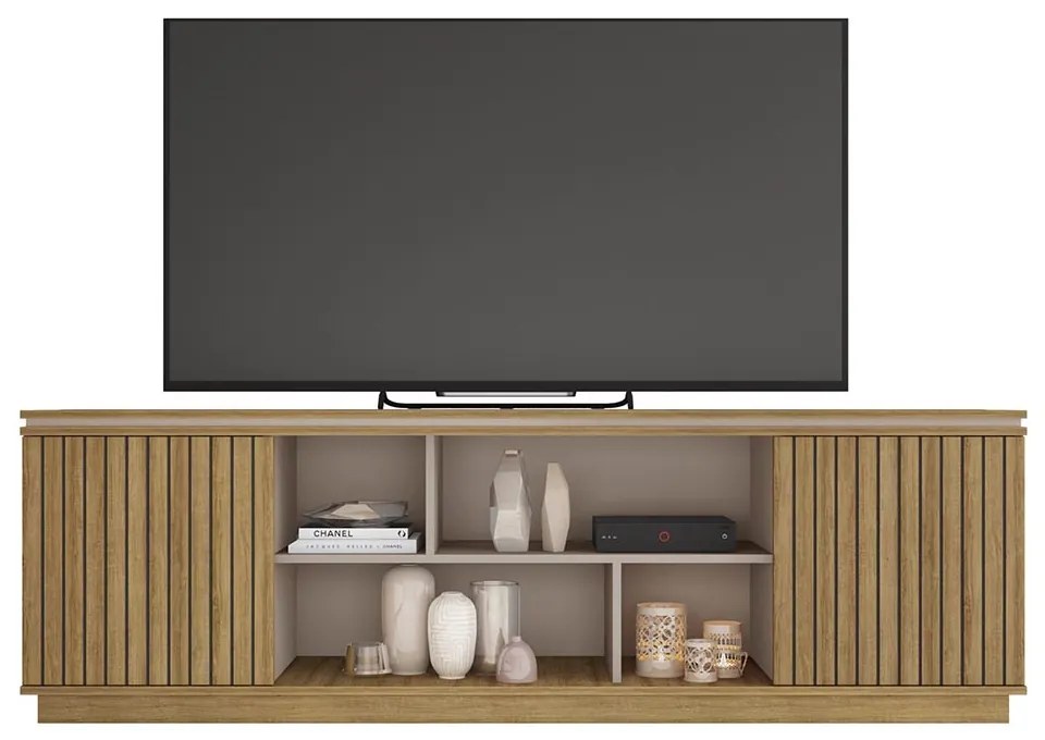 Rack TV 75 Pol 180cm Bancada Ripado com Rodízio Noan Bege Amarelado/Cinza C01 - D'Rossi