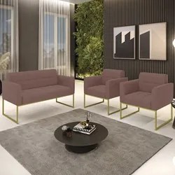 Sofá Namoradeira e 2 Poltronas Base Industrial Dourado Ana Veludo Rosê