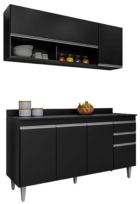 Conjunto Balcão de Cozinha com Aéreo Tampo Dodoma MDP/BP Preto G96 - Gran Belo
