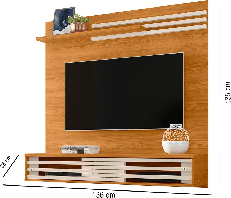Painel TV 55 Pol 136cm Bancada Suspensa para Sala Briven Cinamomo/Off White M20 - D'Rossi