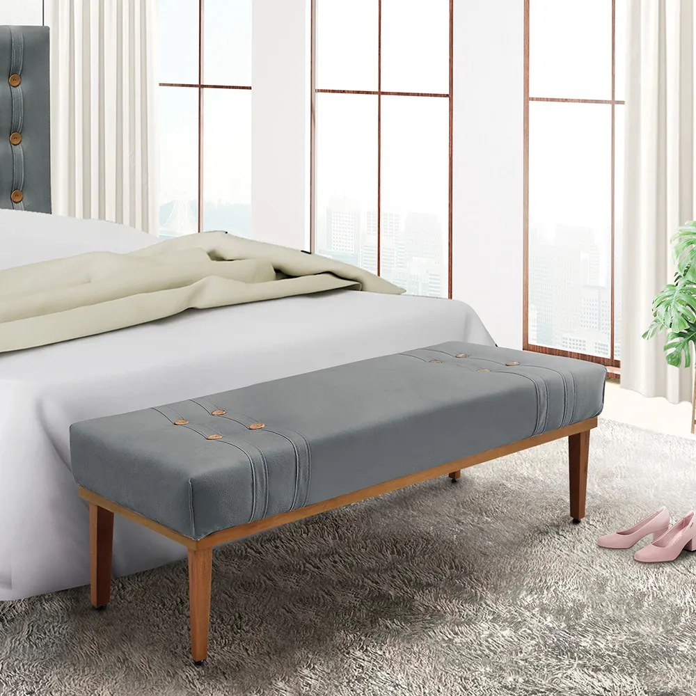 Divã Recamier Banco Base Madeira para Quarto Gênova 90cm Veludo S04 - D'Rossi - Cinza