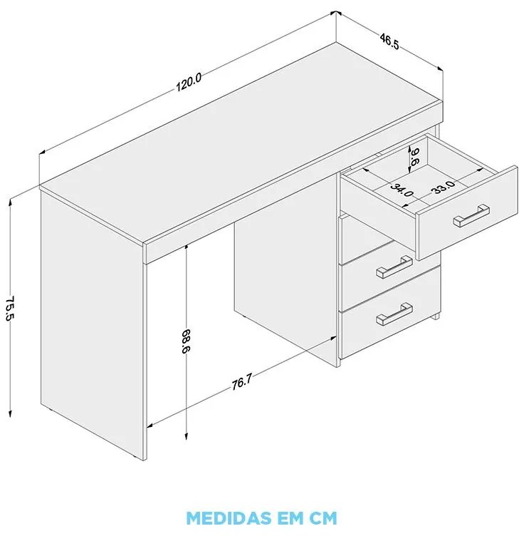 Mesa De Escritório Computador Malta 1,20m 4 Gavetas - Branco