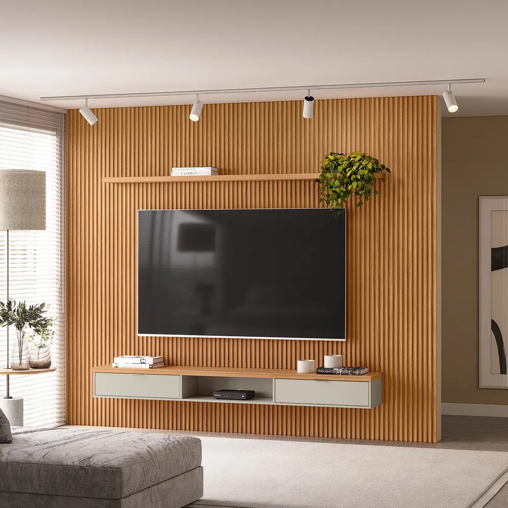 Painel para TV até 75 Polegadas Ripado Marisa com Nicho Bancada Nature e Off White 297x250 cm L04 - D'Rossi
