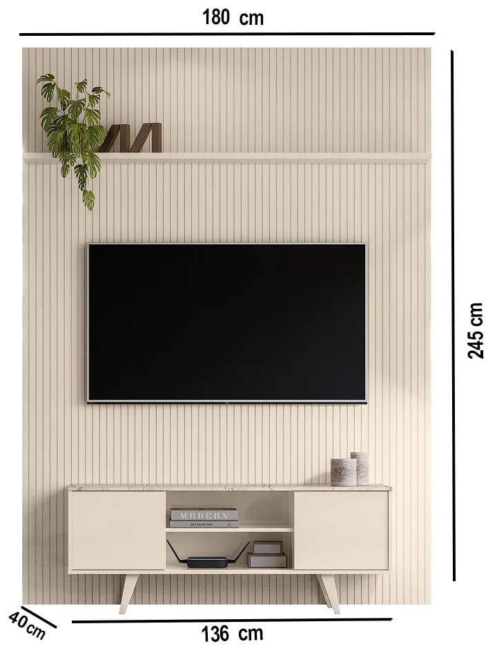 Painel TV 65 Pol 179cm Ripado Valen e Rack Bancada Korelli Calacata/Off White M20 - D'Rossi