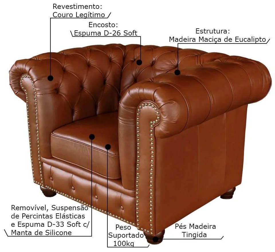 Poltrona Sala de Estar Chesterfield com Pés Madeira Couro Conhaque Brilho G40 - Gran Belo