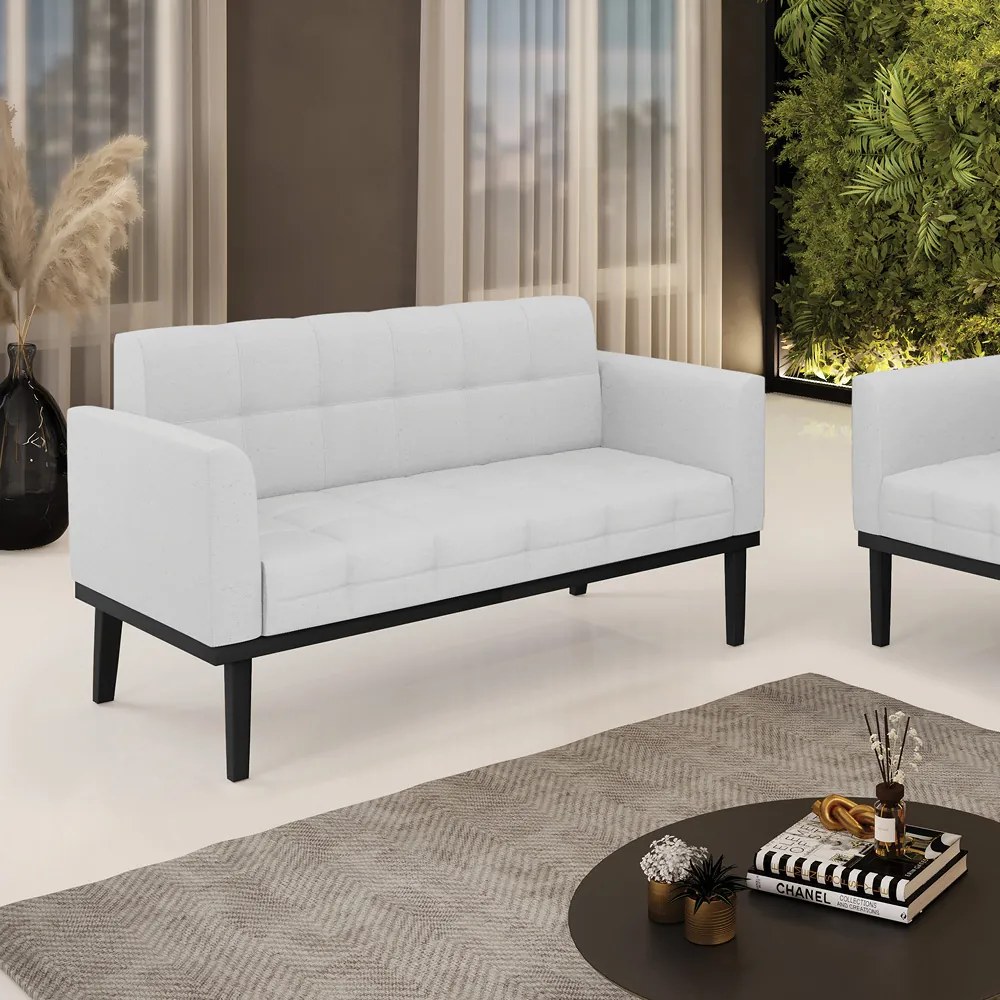 Poltrona Namoradeira Decorativa Karen Pés Fixo em Madeira Preto Linho Cinza G19 - Gran Belo