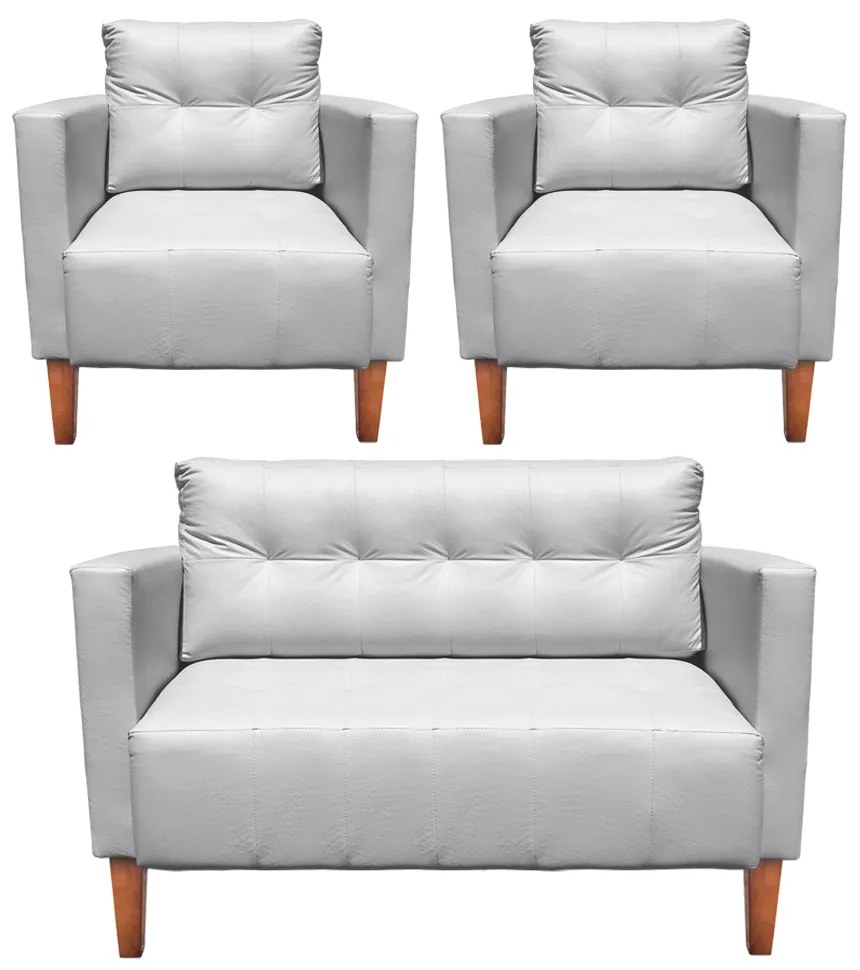 Kit 1 Sofá Namoradeira e 2 Poltronas Livia Corino Pés Chanfrado Castanho - D'Rossi - Branco