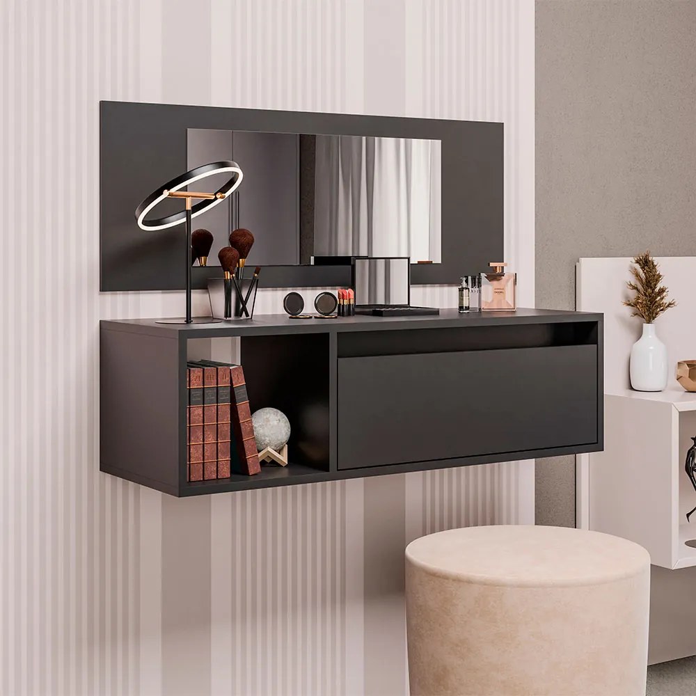 Penteadeira Camarim Gênesis com Nicho Decorativo e Gaveta Preto G96 - Gran Belo