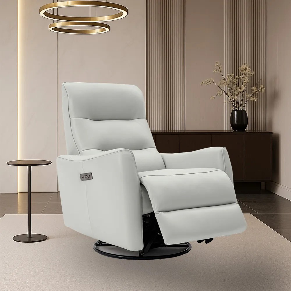Poltrona do Papai Reclinável Elétrica Sala de Estar Plaza USB e USB-C Gira Balança Couro Branco Gelo G40 - Gran Belo