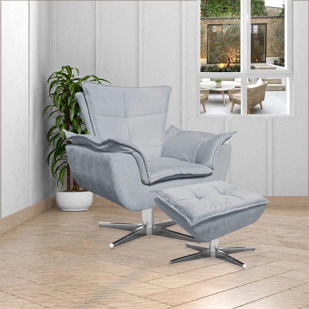 Puff Decorativo Base Giratória Cromada Charger Suede Cinza G19 - Gran Belo