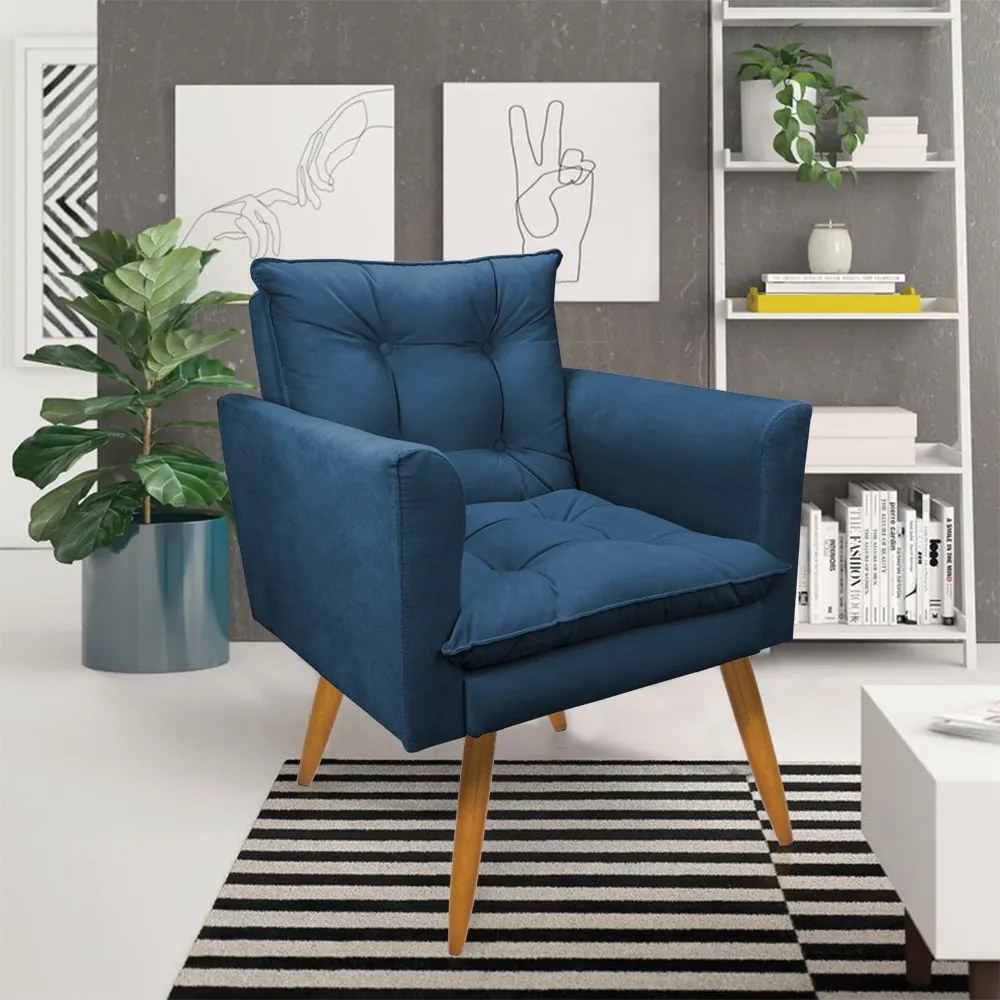Kit 1 Sofá Namoradeira e 2 Poltronas Tais Suede Azul Marinho Pés Palito Castanho - D'Rossi