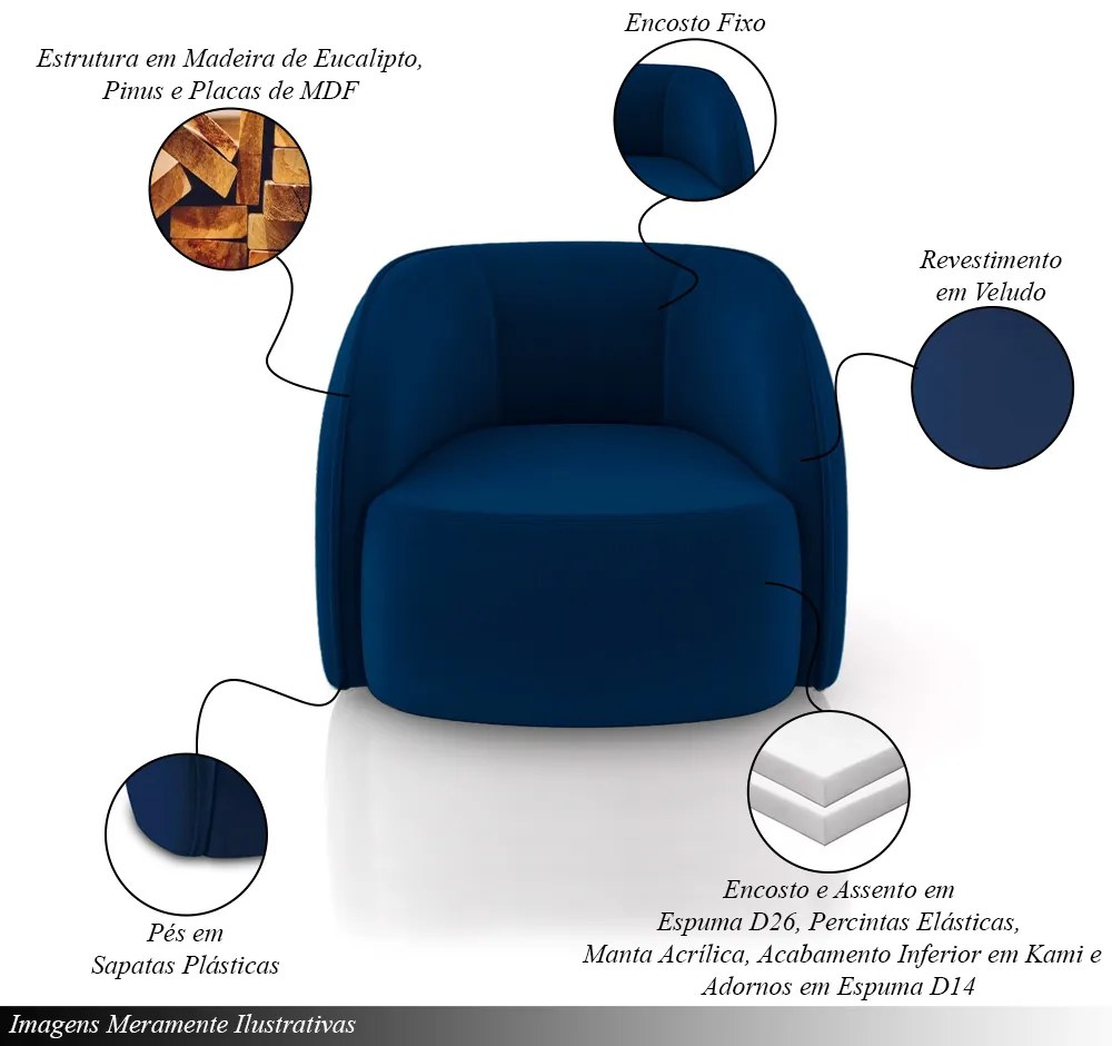 Poltrona Decorativa Sala de Estar Clarke Veludo Azul G45 - Gran Belo