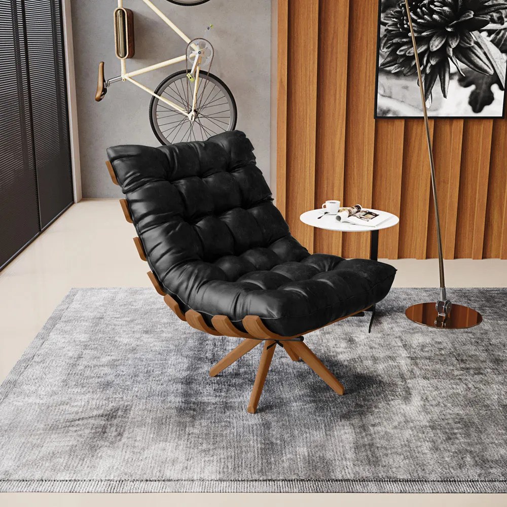 Poltrona Giratória Costela Sintético PU Preto Base de Madeira MA30 M11 - D'Rossi