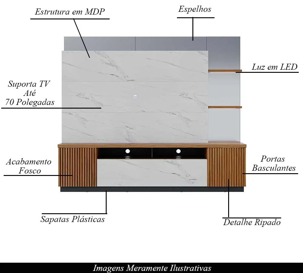 Estante Home Ripado 210cm com Espelho Melbourne Led Off White/Freijó G73 - Gran Belo