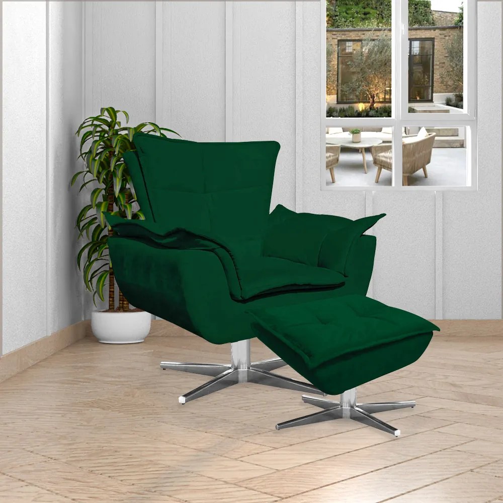 Puff Decorativo Base Giratória Cromada Charger Suede Verde G19 - Gran Belo