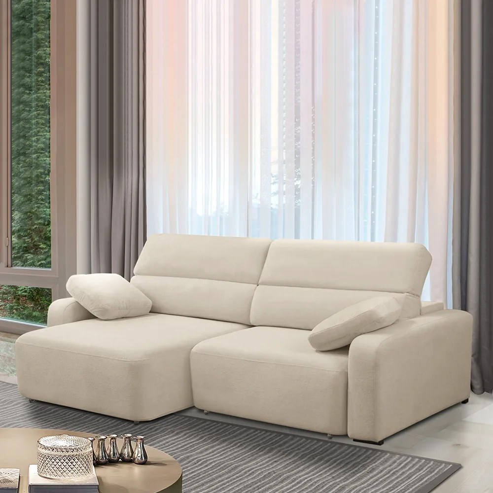Sofá Decorativo Sala de Estar Ibiza 3 Lugares 220cm Reclinável e Retrátil Bouclê Bege Claro G89 - Gran Belo