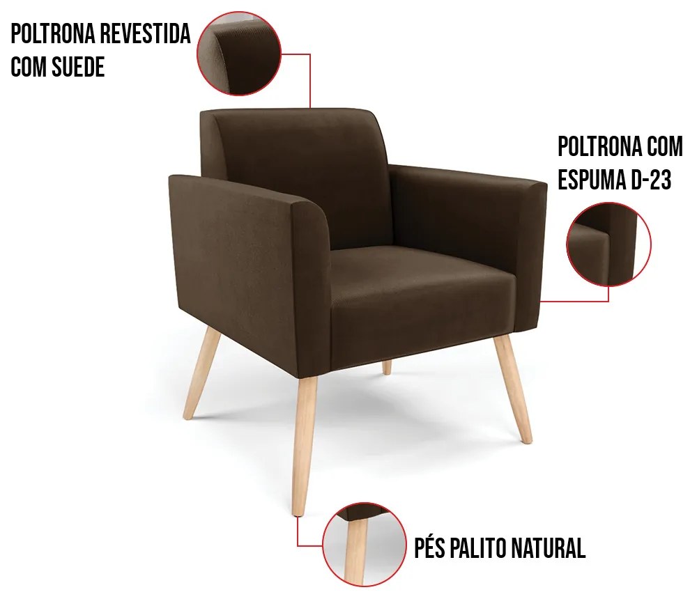 Poltrona Pés Palito Natural Marisa Suede - Marrom