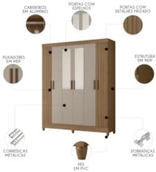 Guarda Roupa Casal 165cm Com Espelho Guiana Carvalho/Fendi Z17 - Mpoze