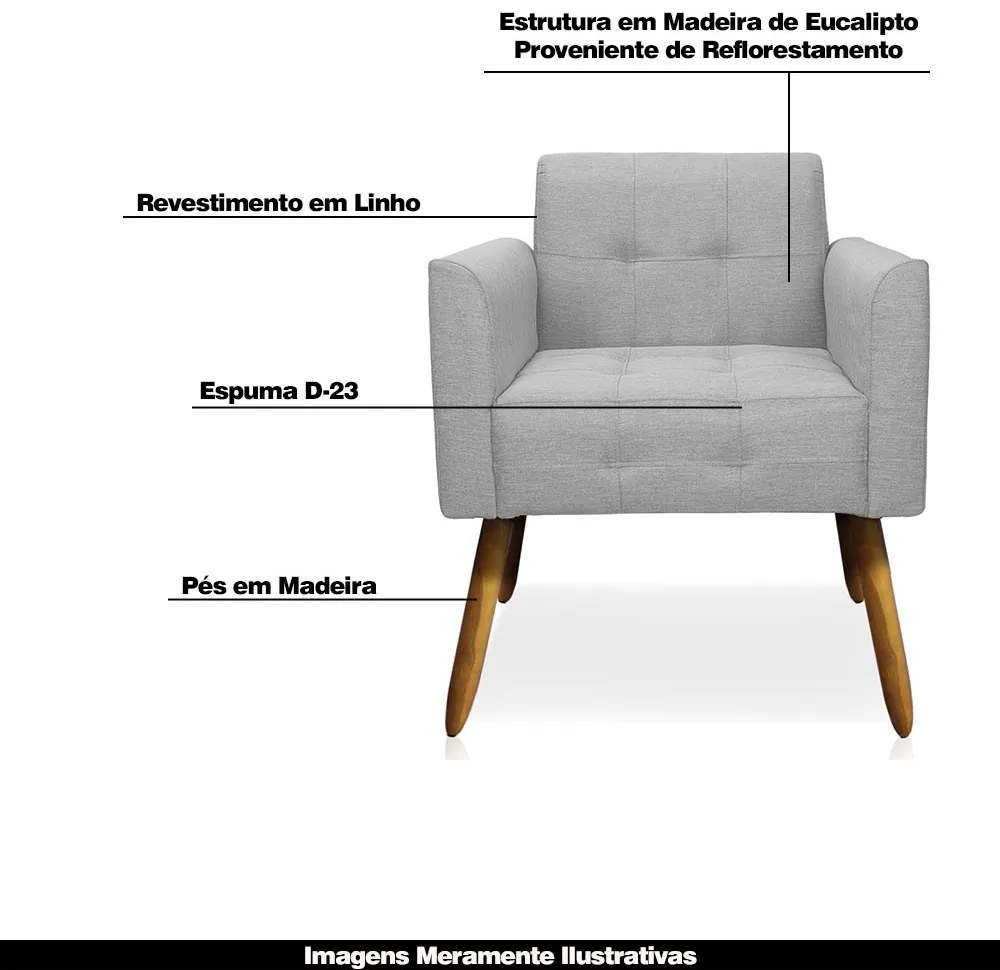 Poltrona Decorativa Pés Palito Karen Linho Cinza G19 - Gran Belo
