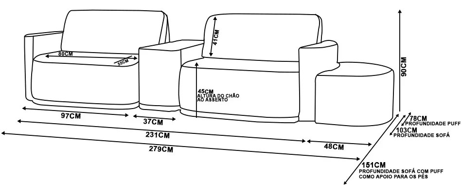 Sofá Sala Modulado 279cm com Puff Console USB Luminária Brumma Bouclê K01 - D'Rossi - Terracota