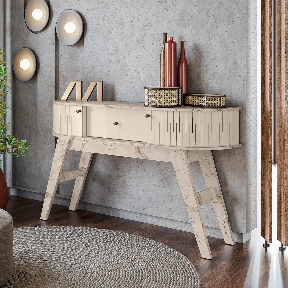 Aparador de Sala Pés Retrô de Madeira 136cm Fiorano M20 - D'Rossi - Calacata e Off White