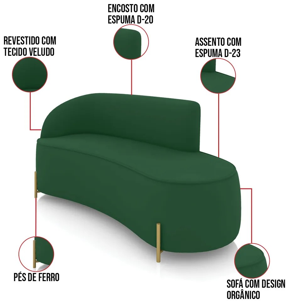 Sofá 3 Lugares Orgânico 180cm Pé Dourado Morgan Veludo D03 - D'Rossi - Verde