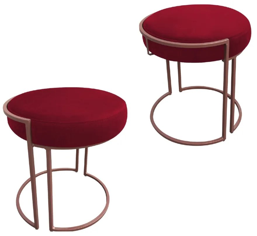 Puff Redondo Base Industrial Cobre Kit 2 Love Suede - Vermelho