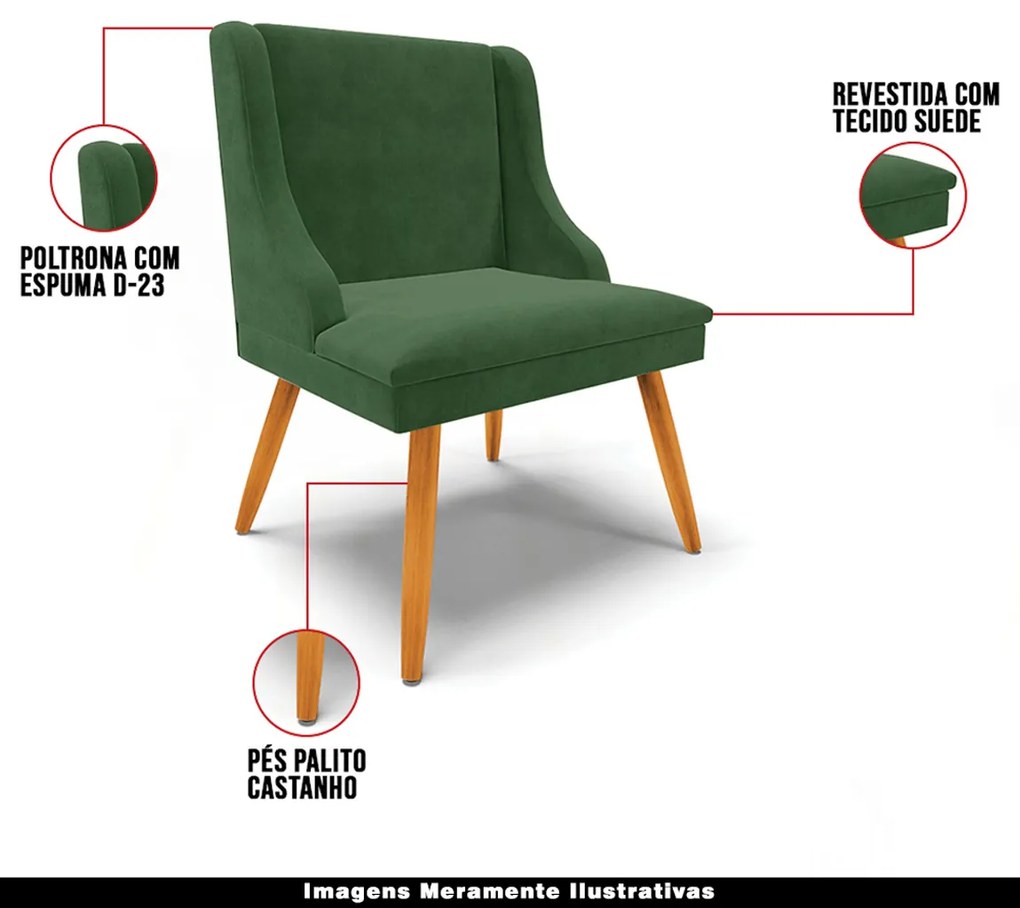Kit 4 Cadeiras Decorativas Sala de Jantar Pés Palito de Madeira Firenze Suede Verde Esmeralda/Natural G19 - Gran Belo