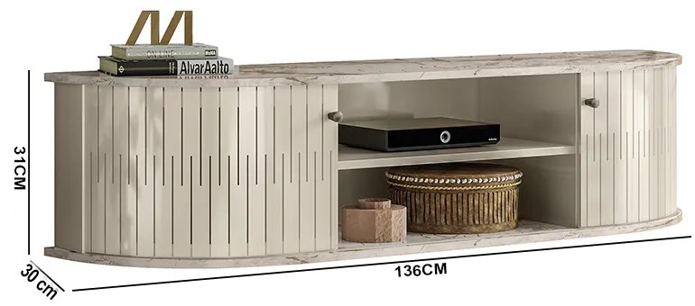 Rack TV 60 Pol 136cm Bancada Suspenso Ripado Norezi M20 - D'Rossi - Calacata e Off White
