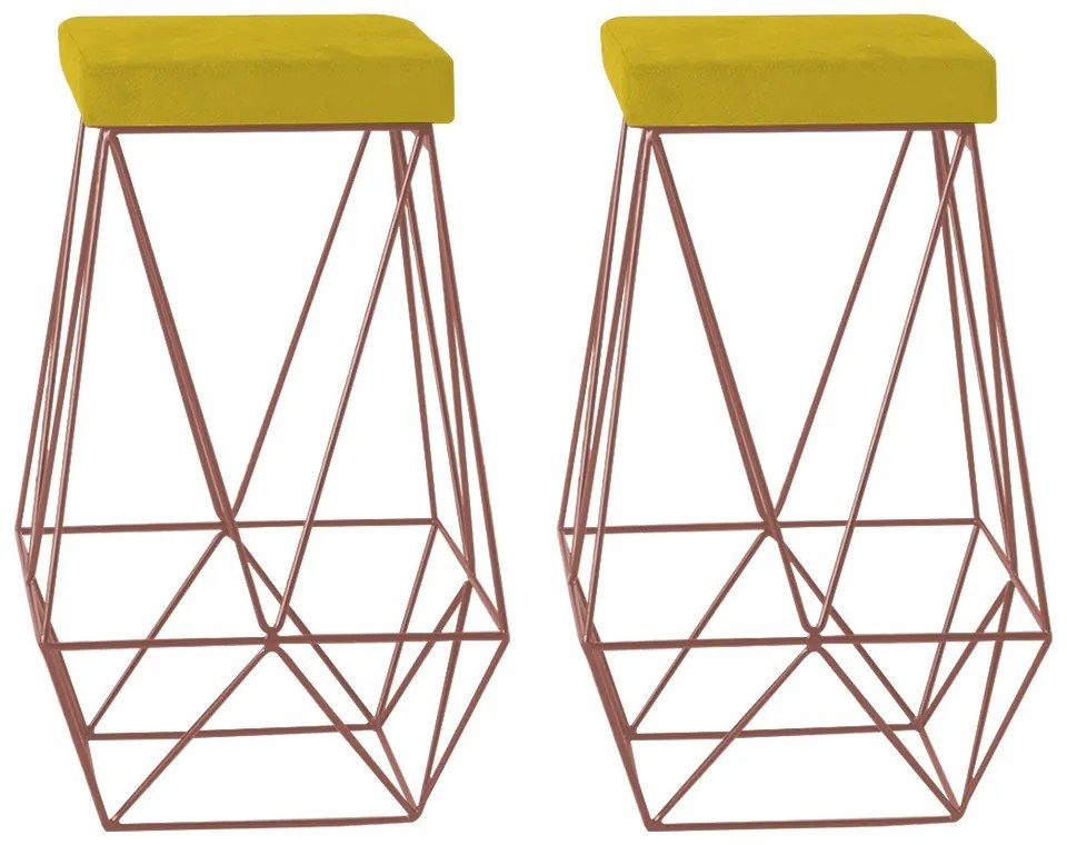Kit 2 Banqueta Decorativa Kathy Base Bronze Suede Amarelo G41 - Gran Belo