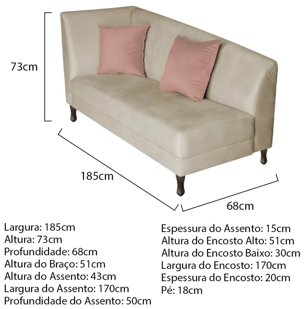 Divã Recamier Heitor 185cm com Almofada Lado Direito Suede - ADJ Decor