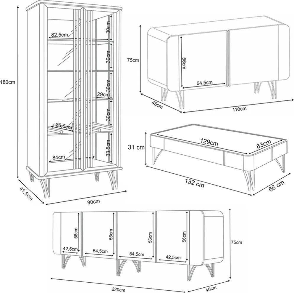Conjunto 1 Cristaleira 2 Buffets e 1 Mesa de Centro Texas/Virginia/Bambino/Rennes Off White/Cinamomo G26 - Gran Belo