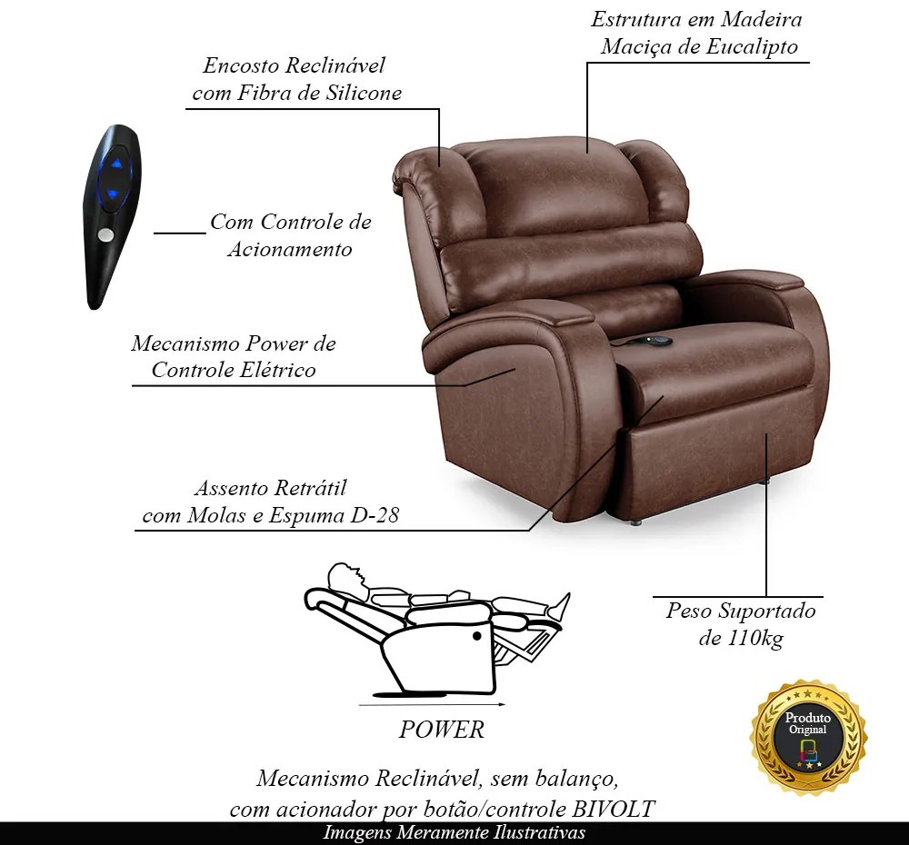 Poltrona do Papai Sala de Cinema Reclinável Kylie Controle Power Elétrico PU Marrom Brilho G23