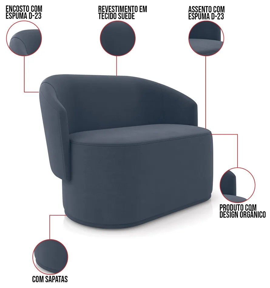 Sofá Namoradeira com Poltrona e Puff Orgânico Sala Malu Suede M11 - D'Rossi - Azul Marinho