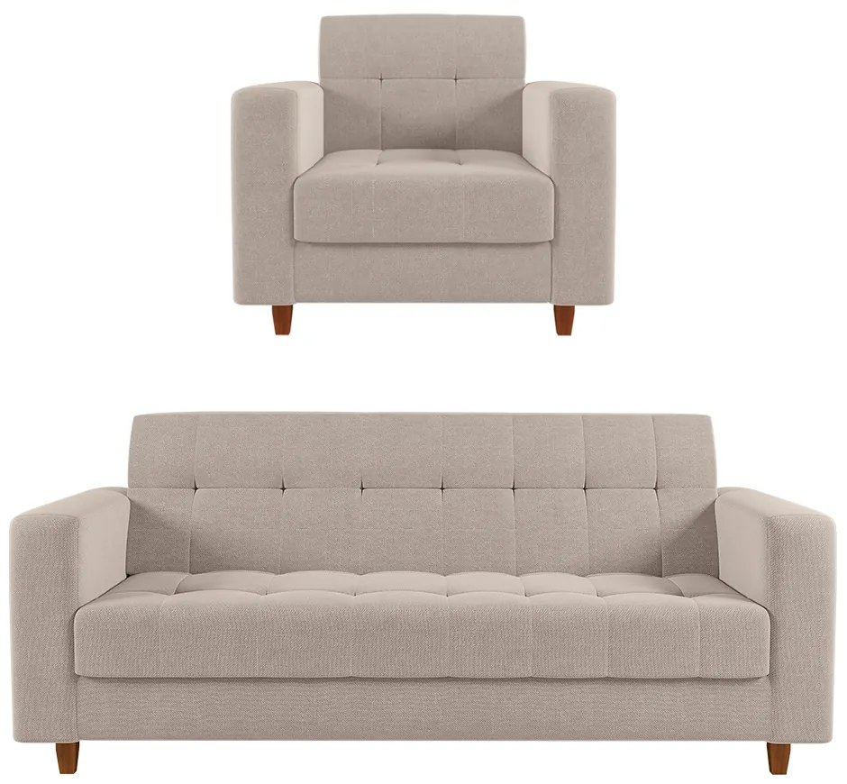 Kit 01 Sofá 03 Lugares e 01 Poltrona Arezzo Linho Pés Chanfrado Castanho D01 - D'Rossi - A27 Areia