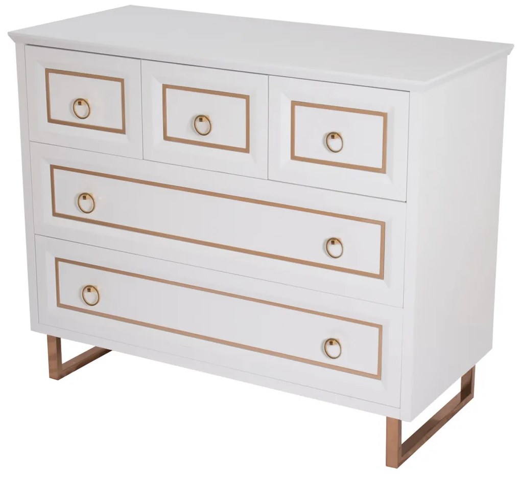 Cômoda Clássica 5 Gavetas New Laville - Branco com Dourado Soléil  Kleiner