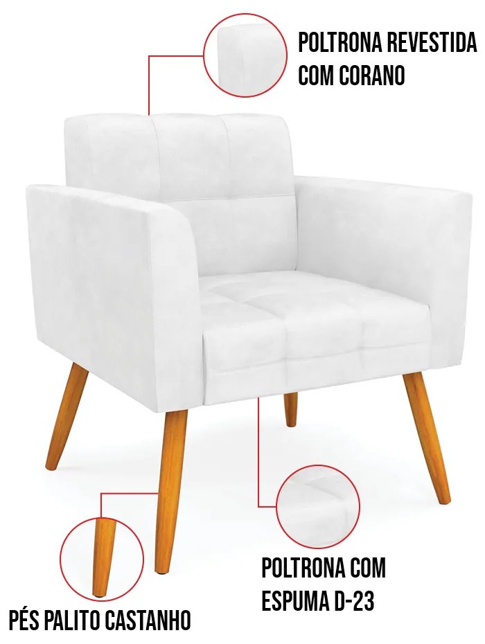 Kit 1 Sofá Namoradeira e 2 Poltronas Elisa Corano Pés Palito Castanho D03 - D'Rossi - Branco