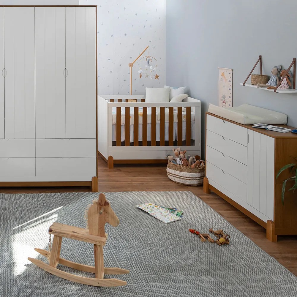 Kit Quarto Infantil Lotus Berço Mini Cama com Frisos + Cômoda 4 Gavetas e 1 Porta + Guarda-Roupa 4 Portas com 4 Gavetas - Branco e Savana