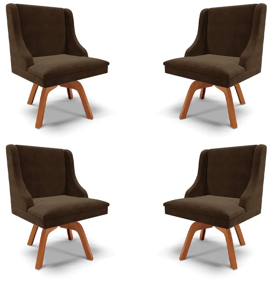 Kit 4 Cadeiras Decorativas Sala de Jantar Base Giratória de Madeira Firenze Suede Marrom/Natural G19 - Gran Belo