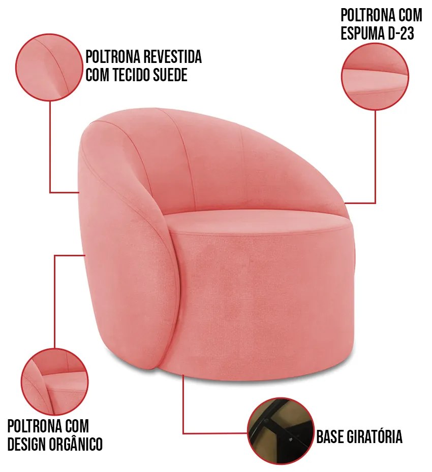 Poltrona Decorativa Orgânica Giratória Lua Suede D03 - D'Rossi - Rose