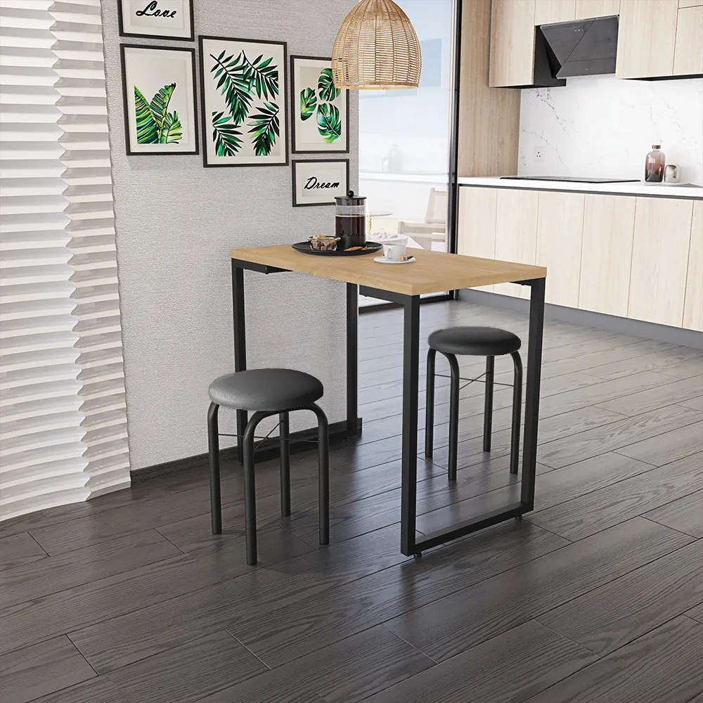 Mesa Multiuso Porto Natural 90cm com 02 Banquetas Manu Corino Preto - D'Rossi
