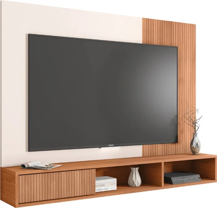 Painel Bellara 135,5cm para TV até 55 com Porta e Prateleiras Nichos MDP Freijo/OffWhite G11 - Gran Belo