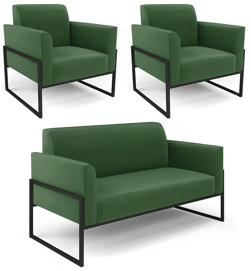 Sofá Namoradeira com 2 Poltronas Base Industrial Alta Preto Marisa Suede D03 - D'Rossi - Verde