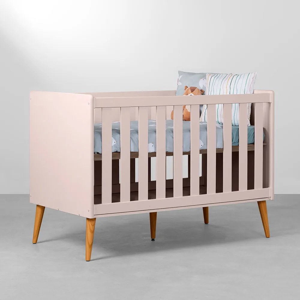 Berço Mini Cama Theo com Pés Retrô Mel - Rosa