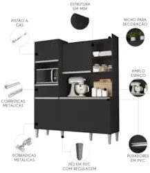 Armário de Cozinha Compacta 160cm 5 Portas Isabel Preto - AJL Móve